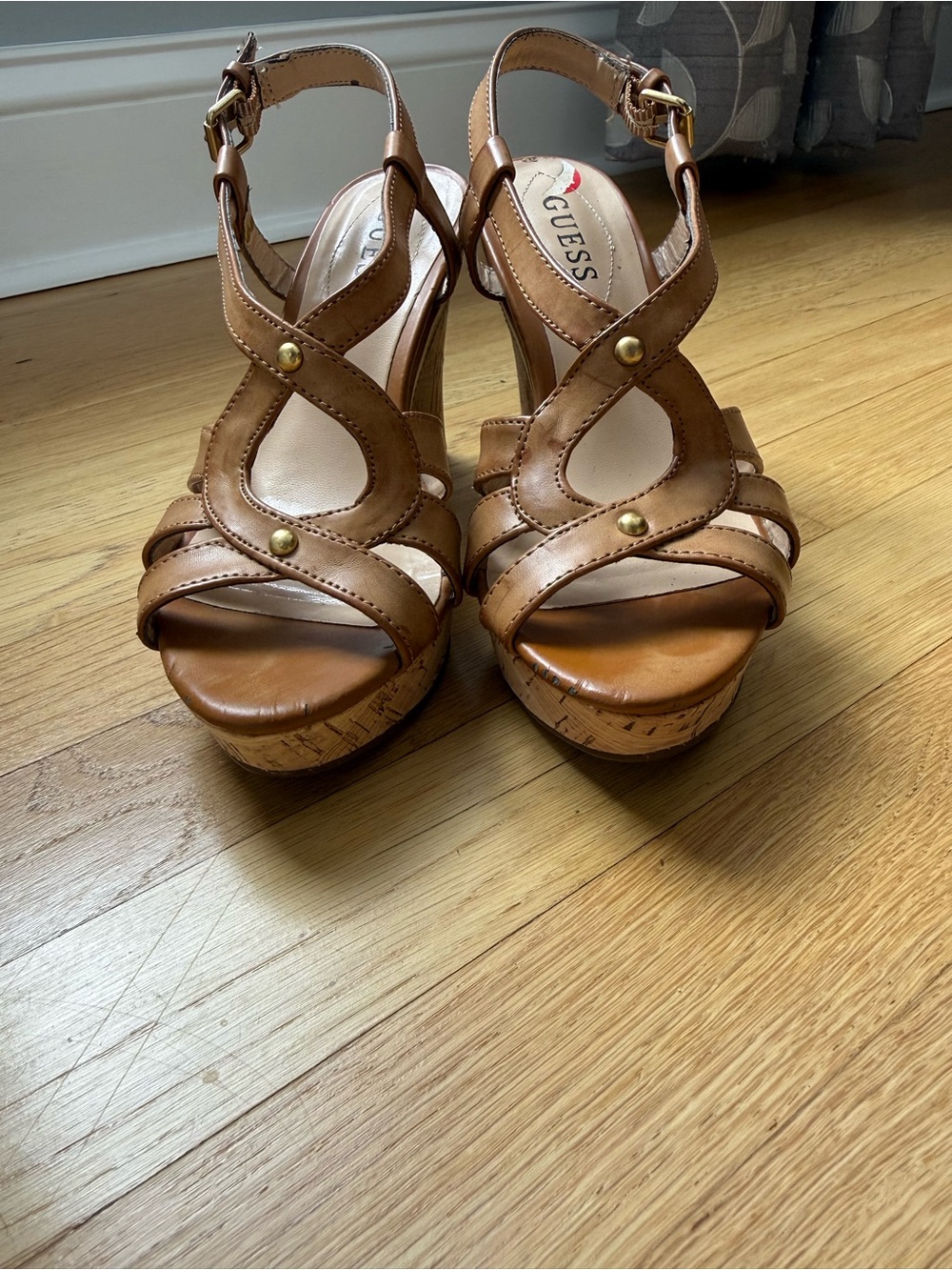 GUESS Brown Leather Cork Platform Wedge Sandals
